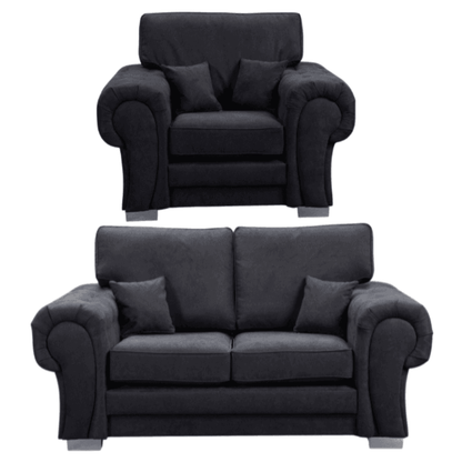 Verona high back black fabric 2+1 sofa set, front facing on a white background