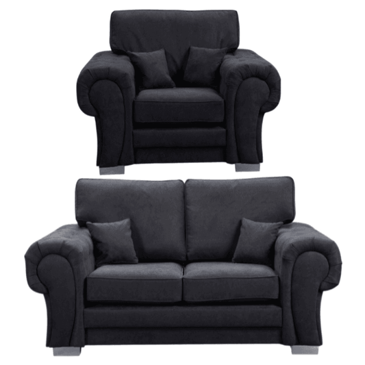 Verona high back black fabric 2+1 sofa set, front facing on a white background