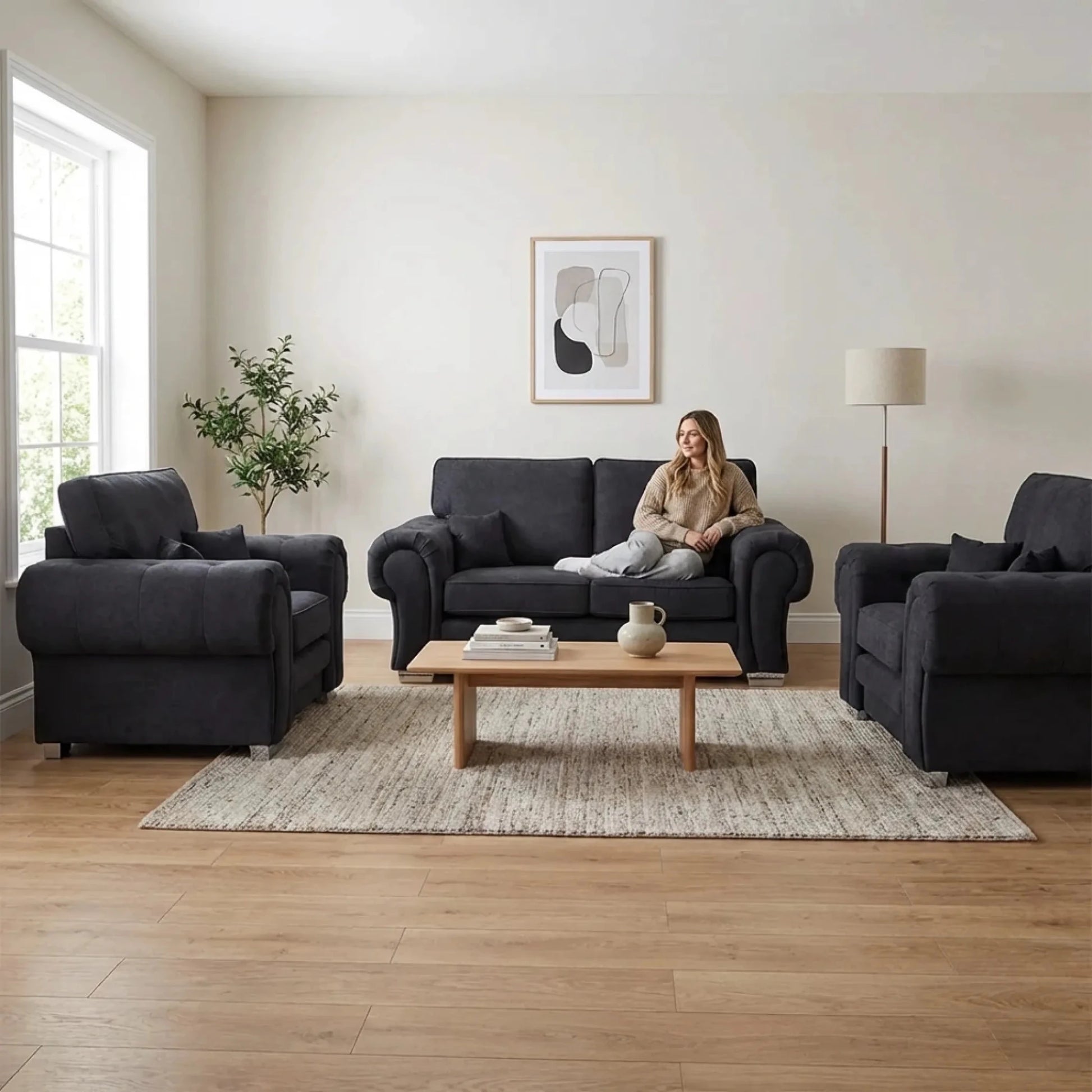 Verona High Back Black Fabric 2+1+1 Seater Sofa Set - Furniture Instore