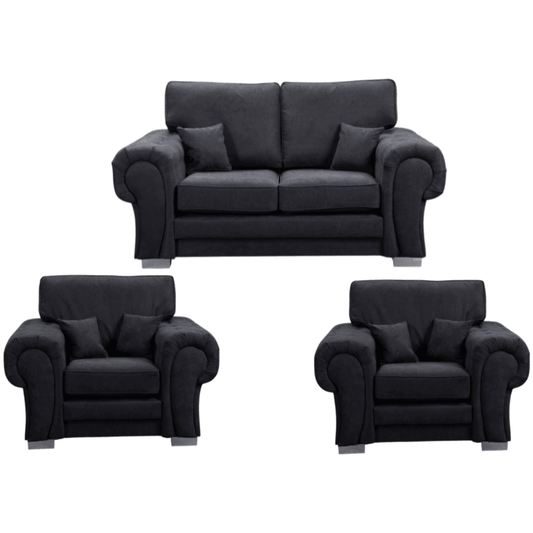 Verona high back black fabric 2+1+1 sofa set, front facing on a white background