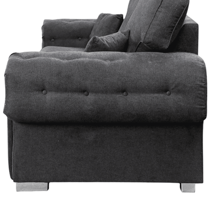 Verona high back black fabric 3 seater sofa, closeup view showing fabric and design details