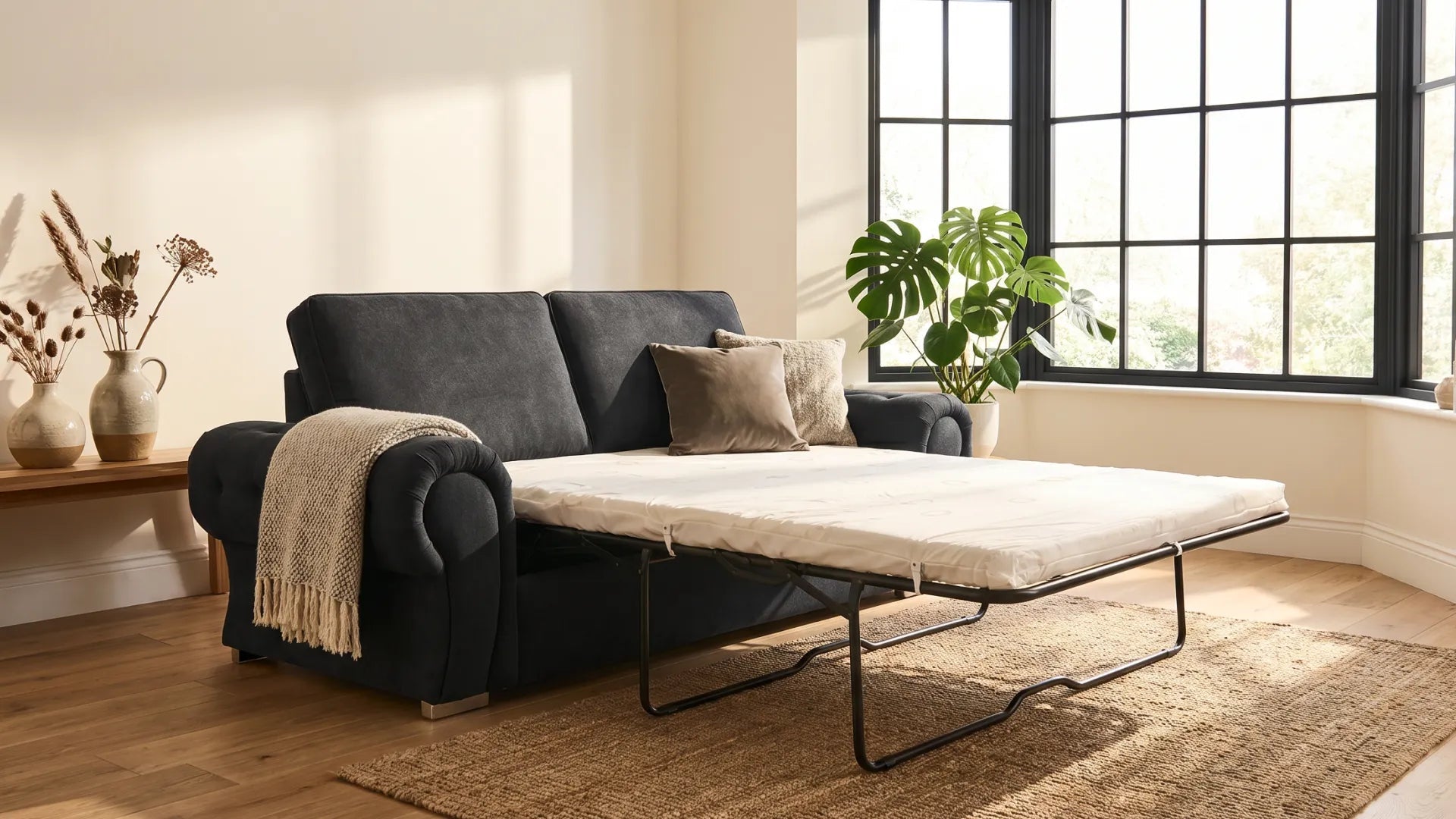 Verona High Back Black Fabric 3 Seater Sofa Bed - Furniture Instore