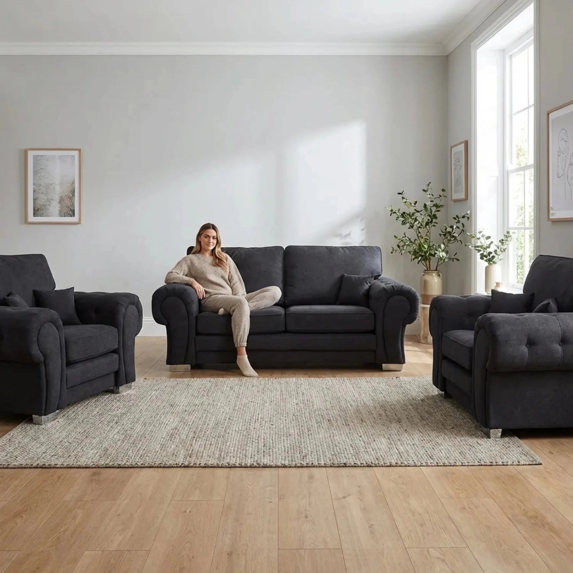 Verona High Back Black Fabric 3+1+1 Seater Sofa Set - Furniture Instore