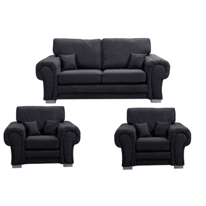 Verona high back black fabric 3+1+1 sofa set, front facing on a white background