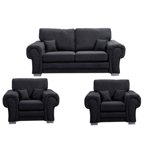 Verona high back black fabric 3+1+1 sofa set, front facing on a white background