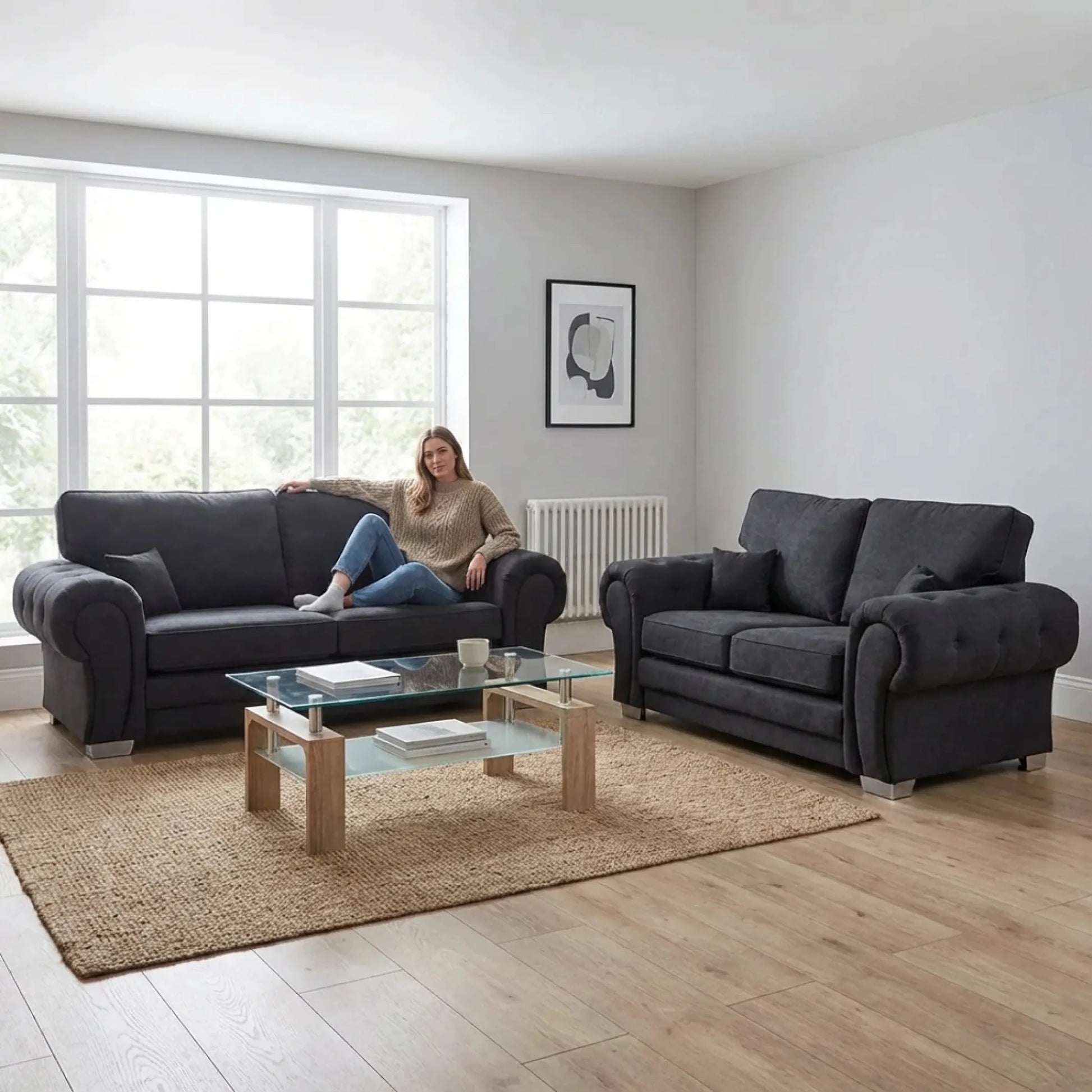 Verona High Back Black Fabric 3+2 Seater Sofa Set - Furniture Instore
