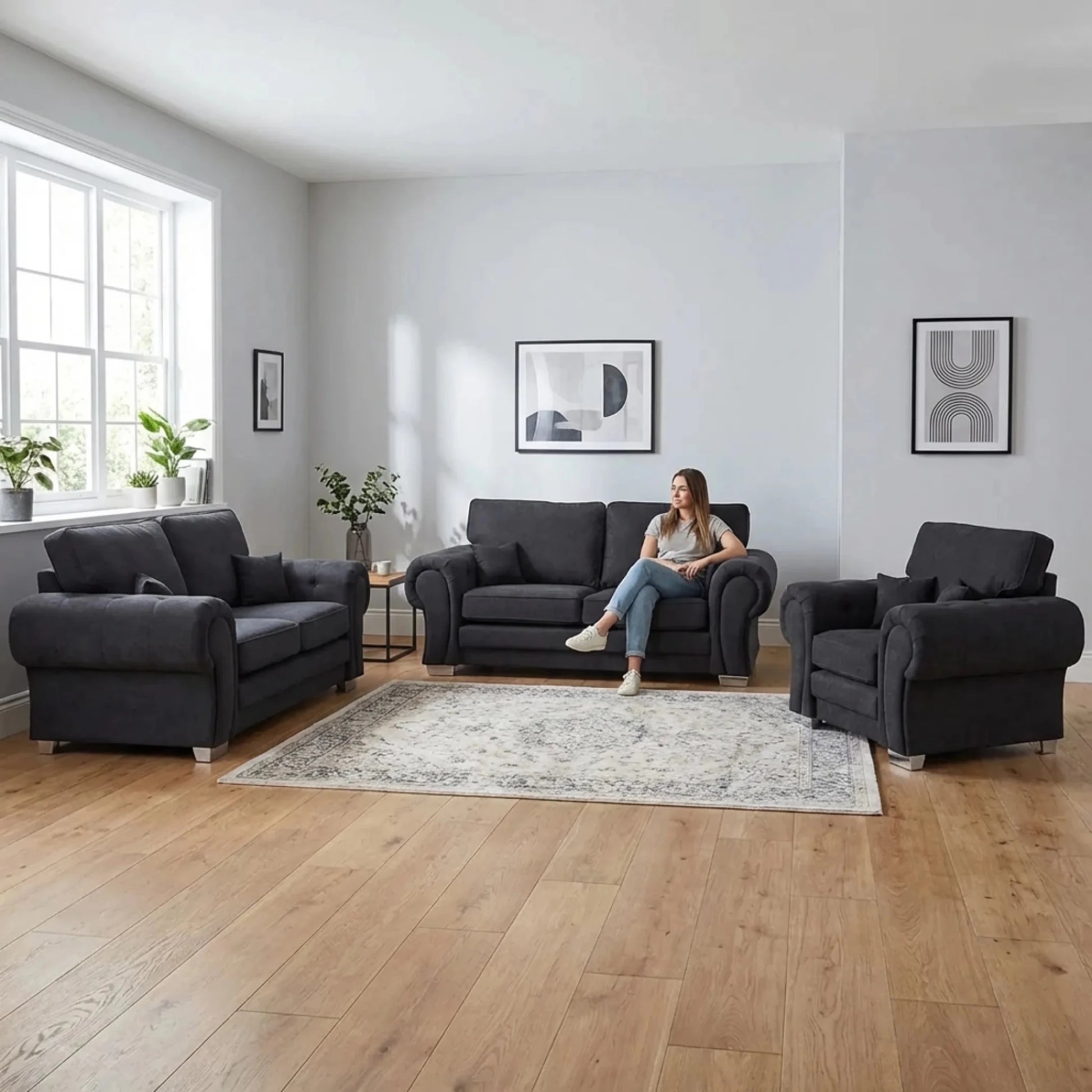 Verona High Back Black Fabric 3+2+1 Seater Sofa Set - Furniture Instore