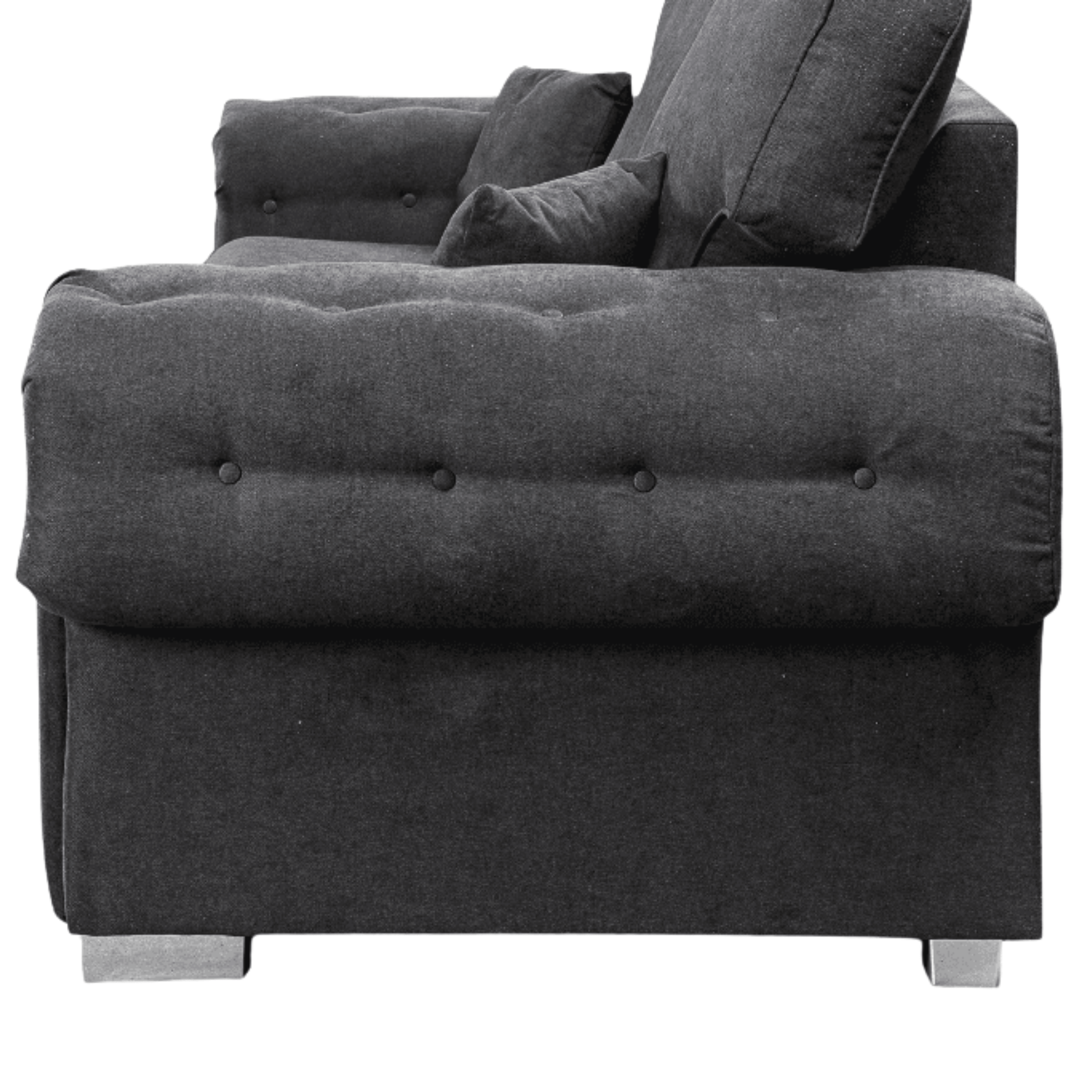 Verona high back black fabric 3 seater sofa, closeup view showing fabric and design details