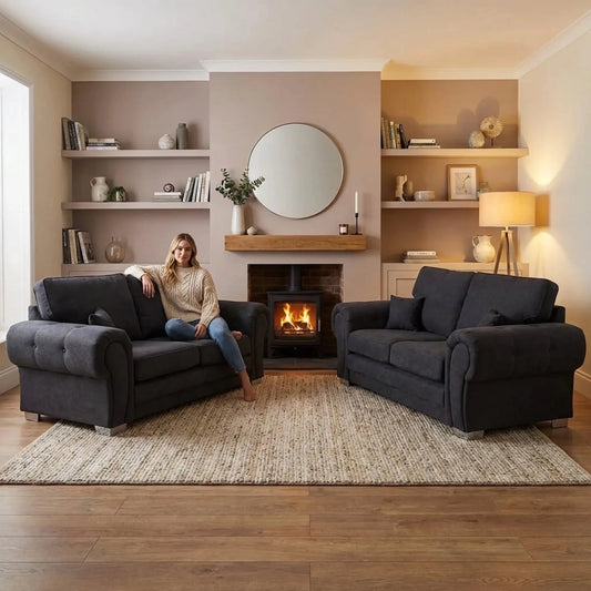 Verona High Back Black Fabric 3+3 Seater Sofa Set - Furniture Instore