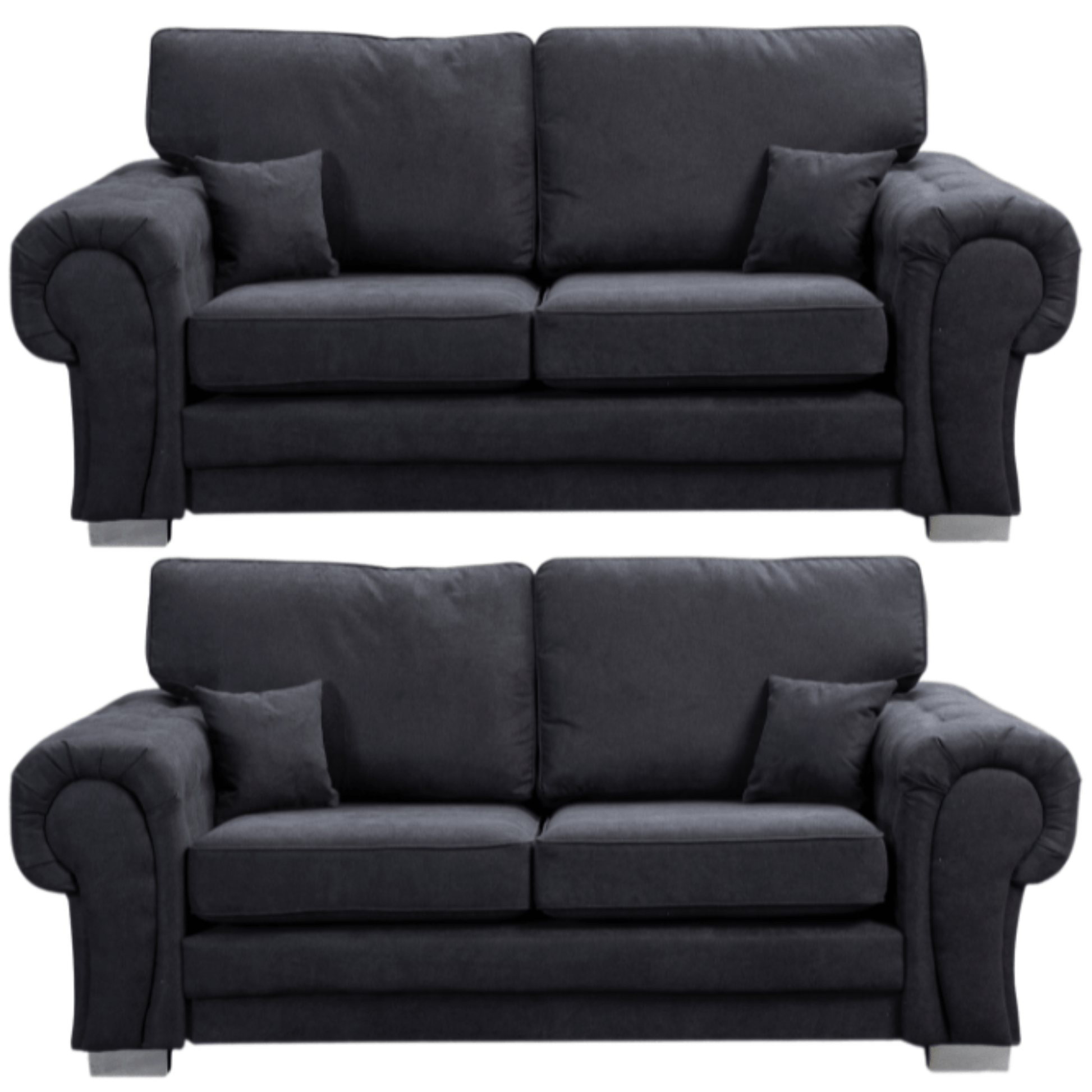 Verona high back black fabric 3+3 sofa set, front facing on a white background