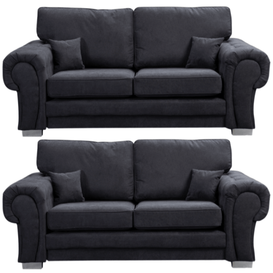 Verona high back black fabric 3+3 sofa set, front facing on a white background
