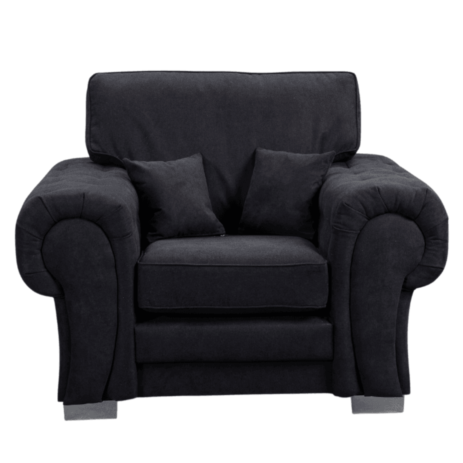 Black armchair with cushions on a white background
