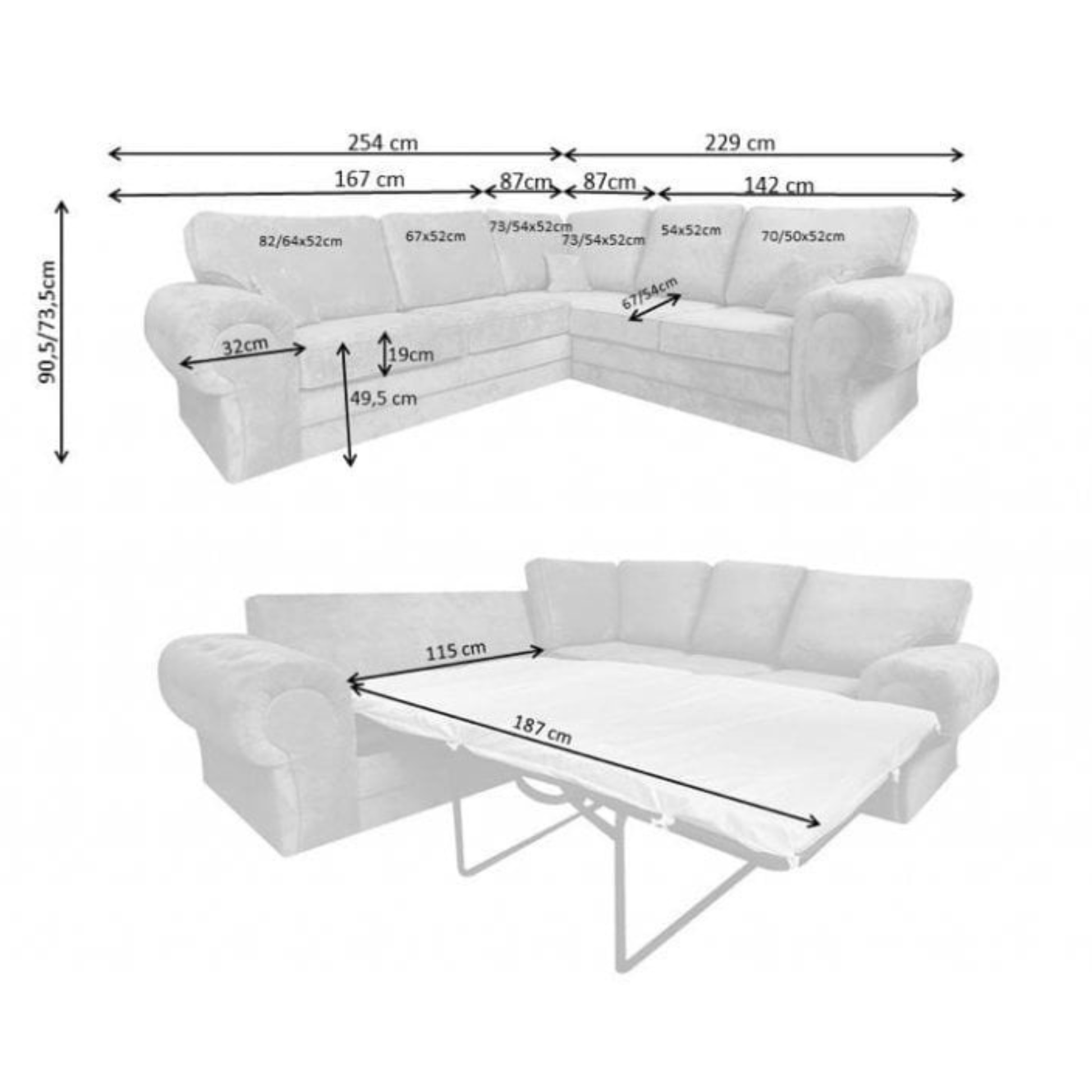 White sectional sofa with dimensions labeled on a white background