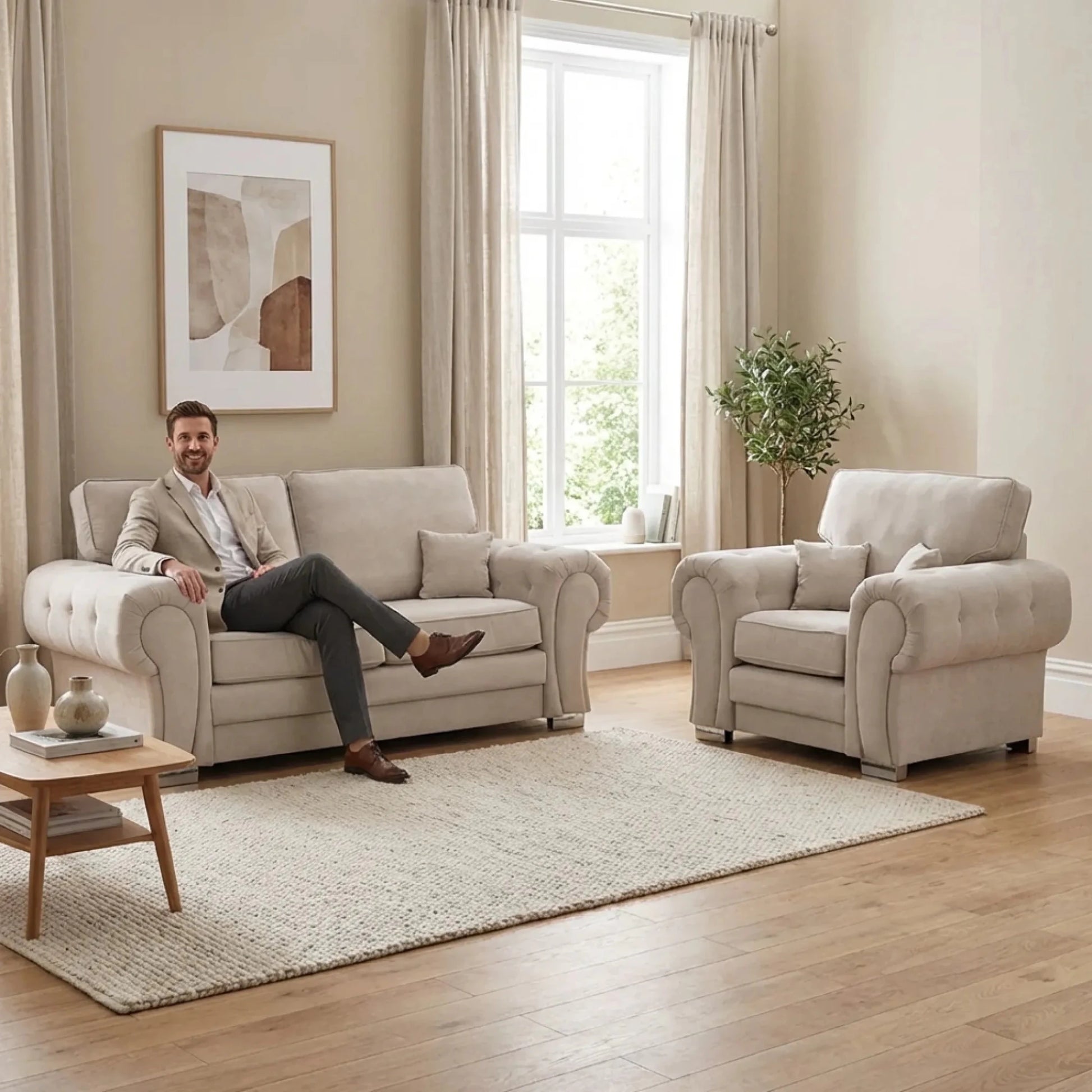 Verona High Back Cream Fabric 2+1 Seater Sofa Set - Furniture Instore