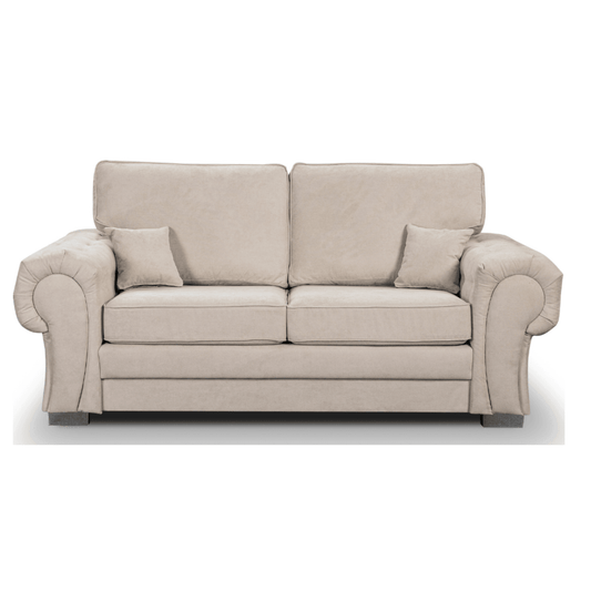 Beige sofa with three cushions on a white background