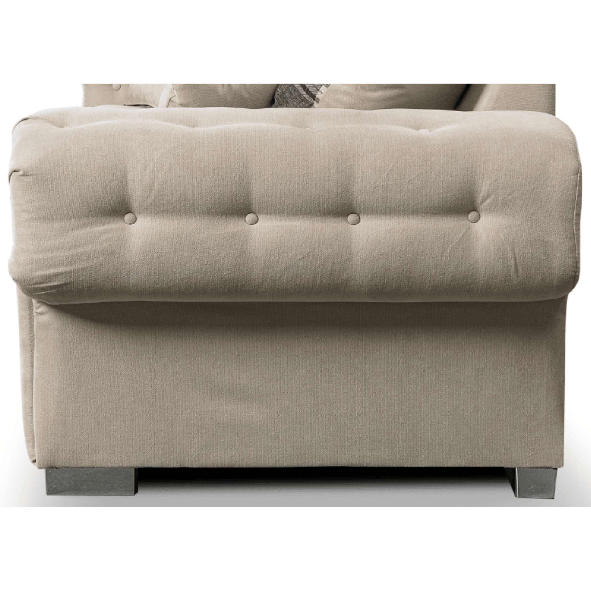 Beige upholstered chair with tufted backrest on a white background
