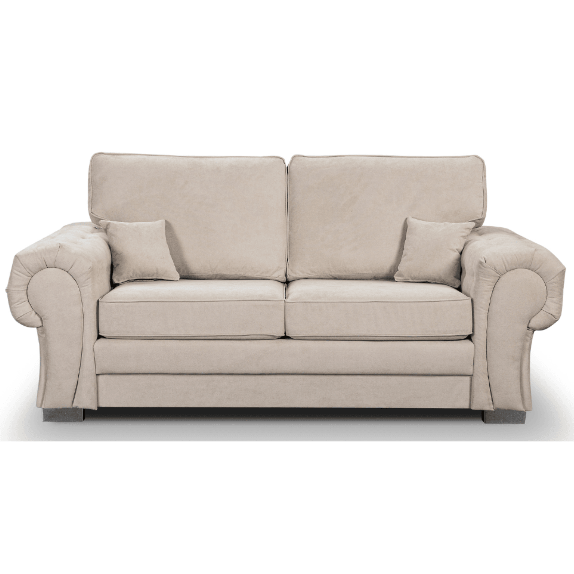 Beige sofa with two cushions on a white background