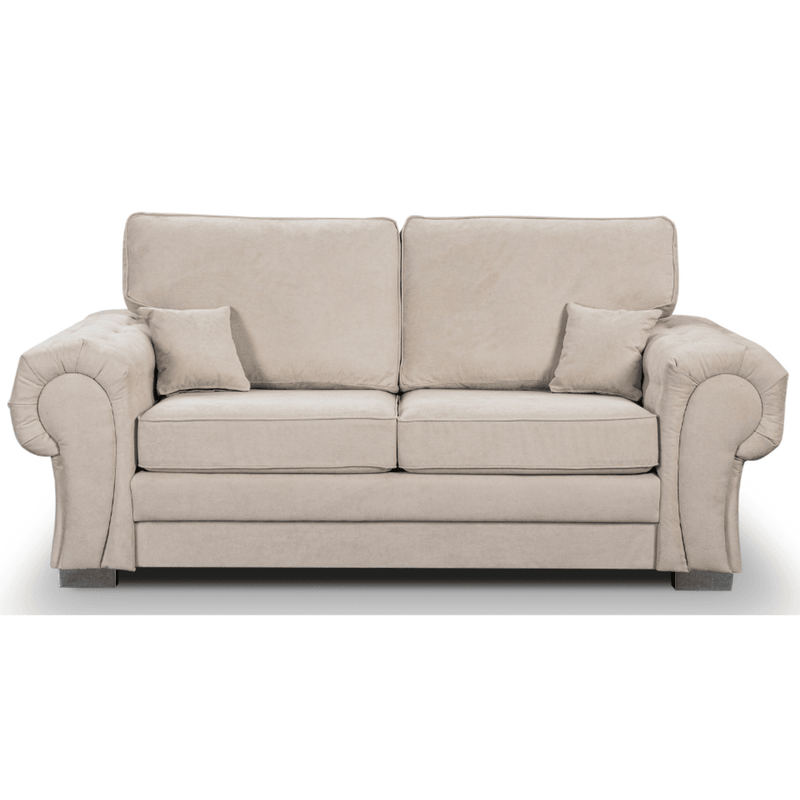 Beige sofa with two cushions on a white background