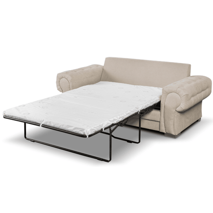 Beige sofa bed with a white mattress on a white background