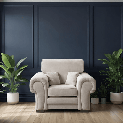 Verona high back cream armchair in a stylish room setting, showcasing comfort and modern elegance.