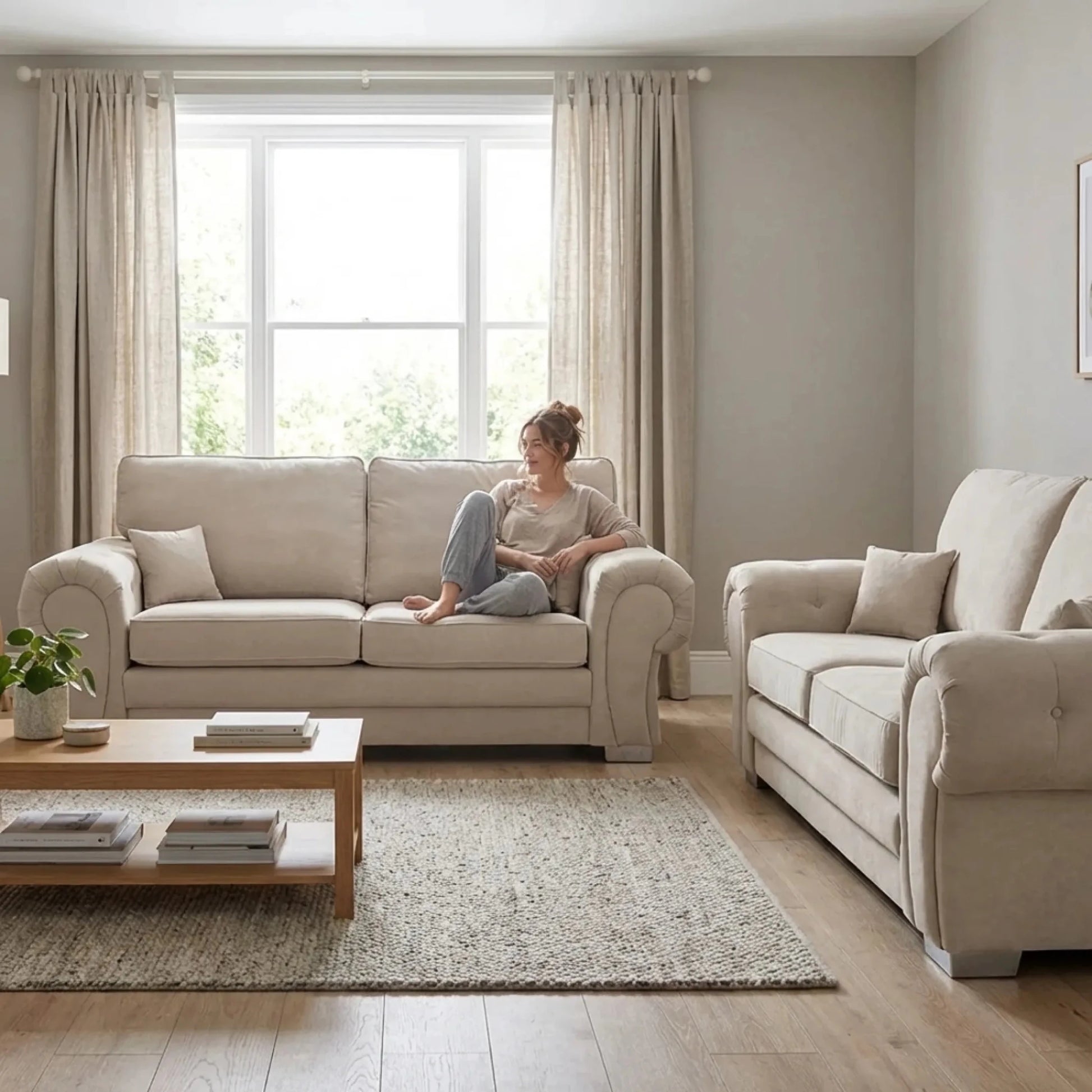 Verona High Back Cream Fabric 3+2 Seater Sofa Set - Furniture Instore