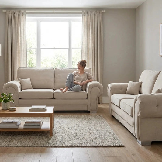 Verona High Back Cream Fabric 3+2 Seater Sofa Set - Furniture Instore