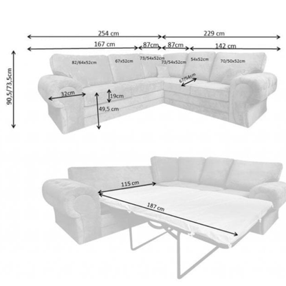 White sectional sofa with dimensions labeled on a white background