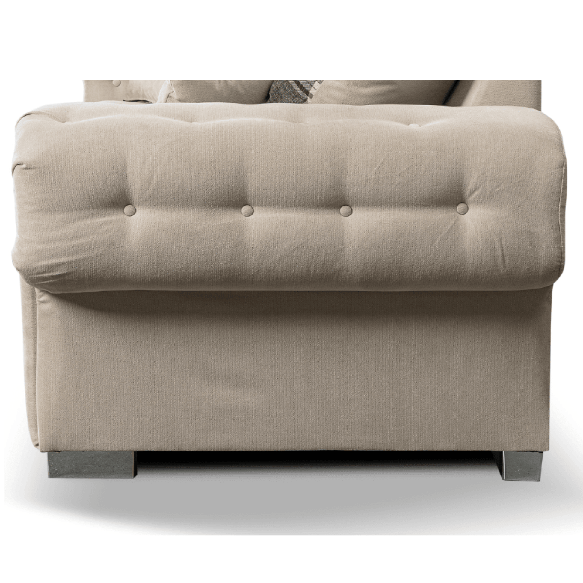 Beige upholstered headboard with tufted design on a white background
