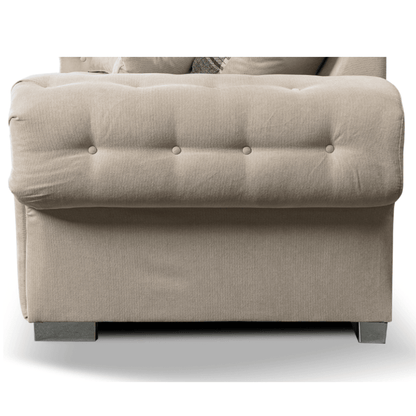 Beige upholstered headboard with tufted design on a white background