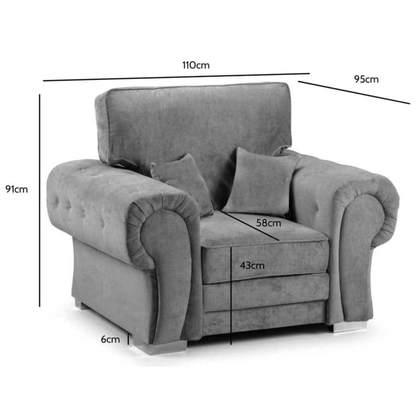 Verona High Back Grey armchair front facing on white background with measurements shown