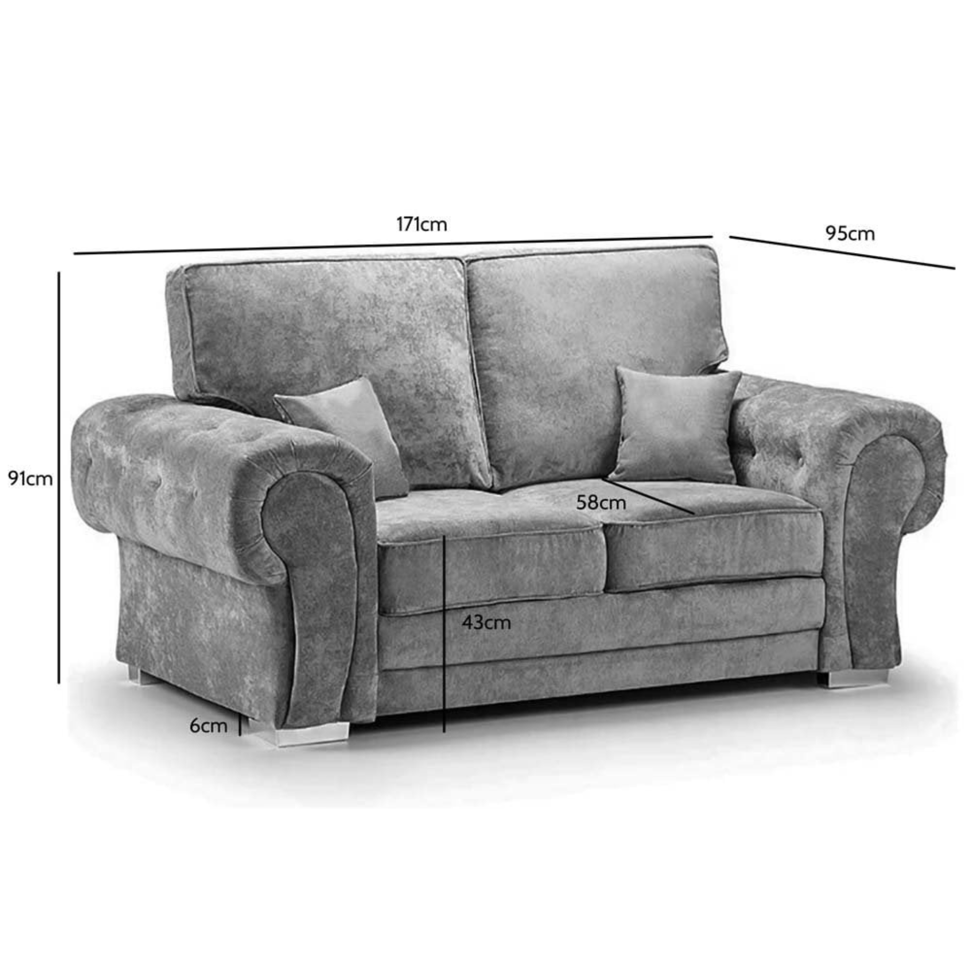 Verona High Back Grey 2-seater sofa front facing on white background with measurements shown