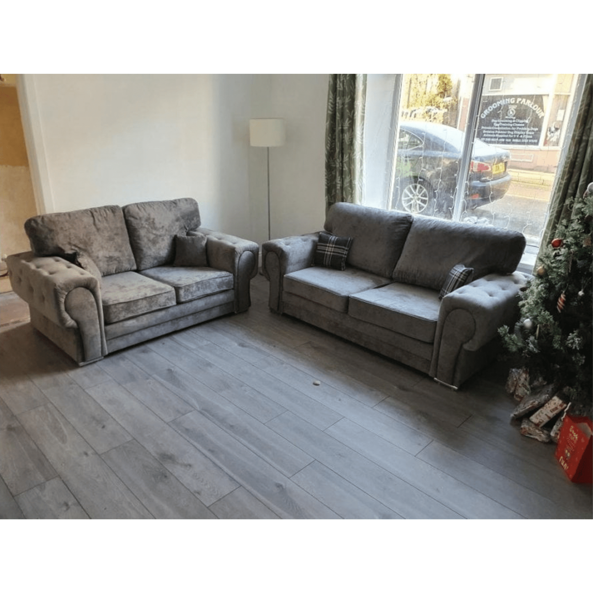 Verona High Back Grey 3+2 room set front facing on white background