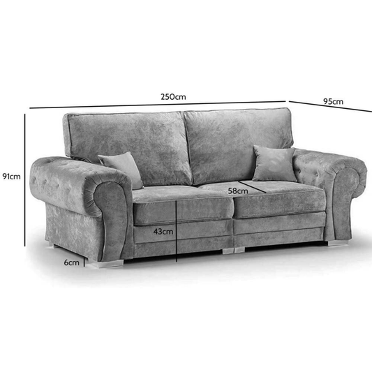 Gray sofa with dimensions marked on a white background