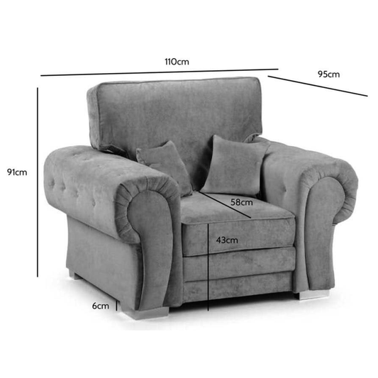 Gray armchair with dimensions labeled on a white background