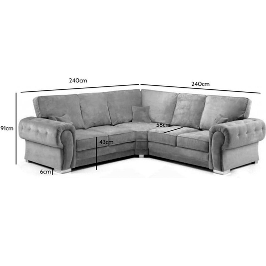 Verona High Back Grey corner sofa front facing on white background with measurements shown
