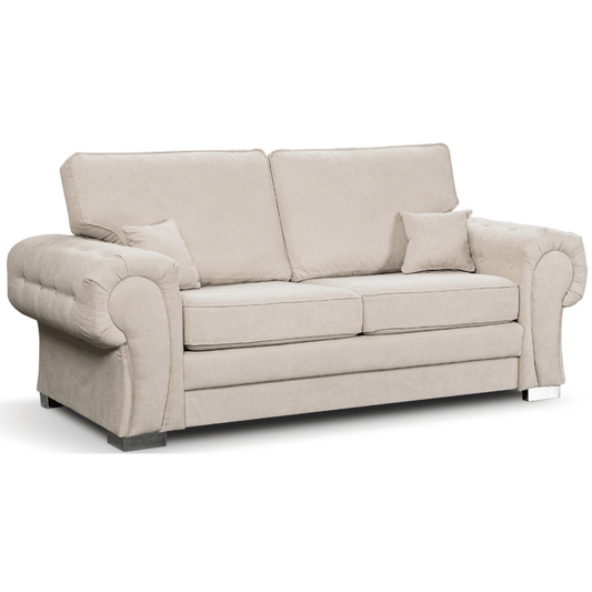 Beige sofa with two cushions on a white background