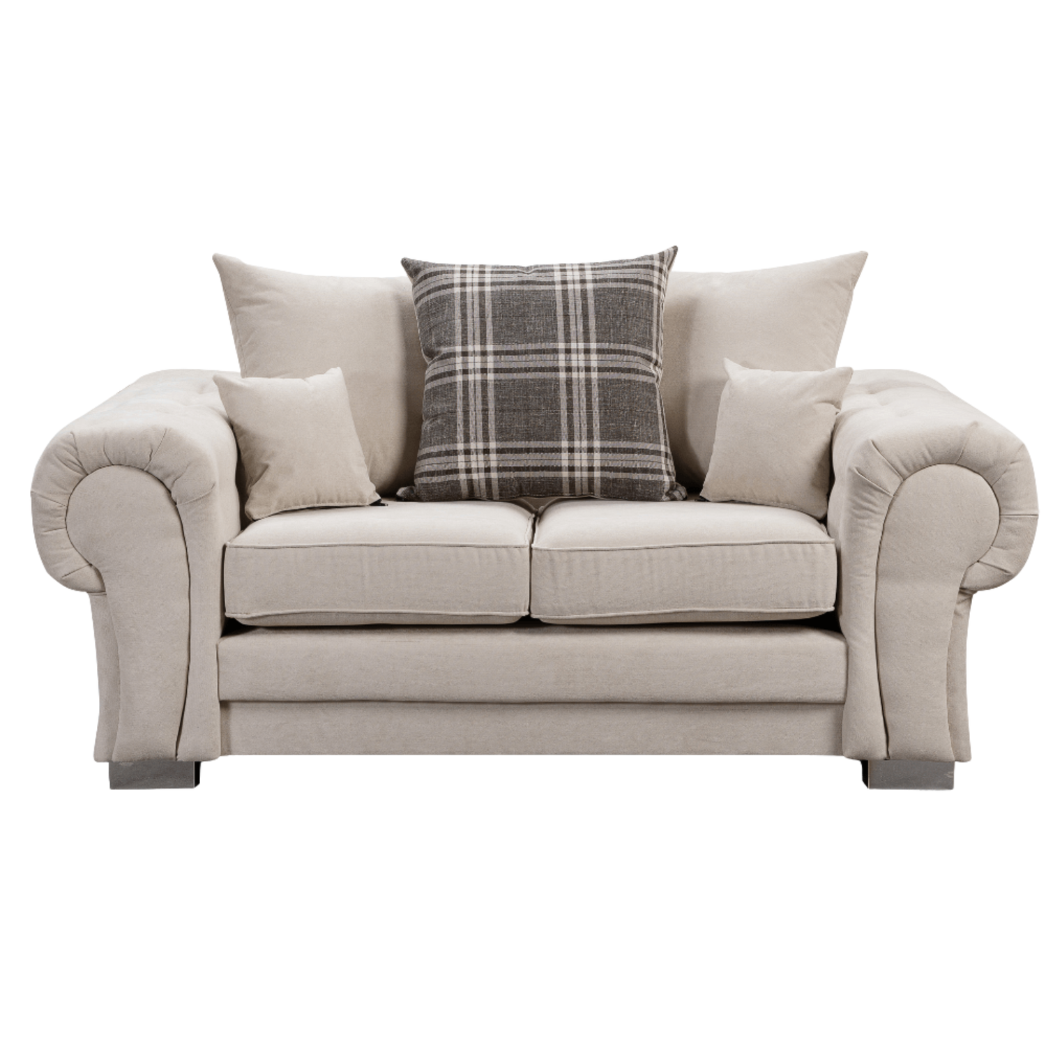 Verona scatter back grey 2 seater sofa displayed front facing on a plain white background, showing full sofa design.