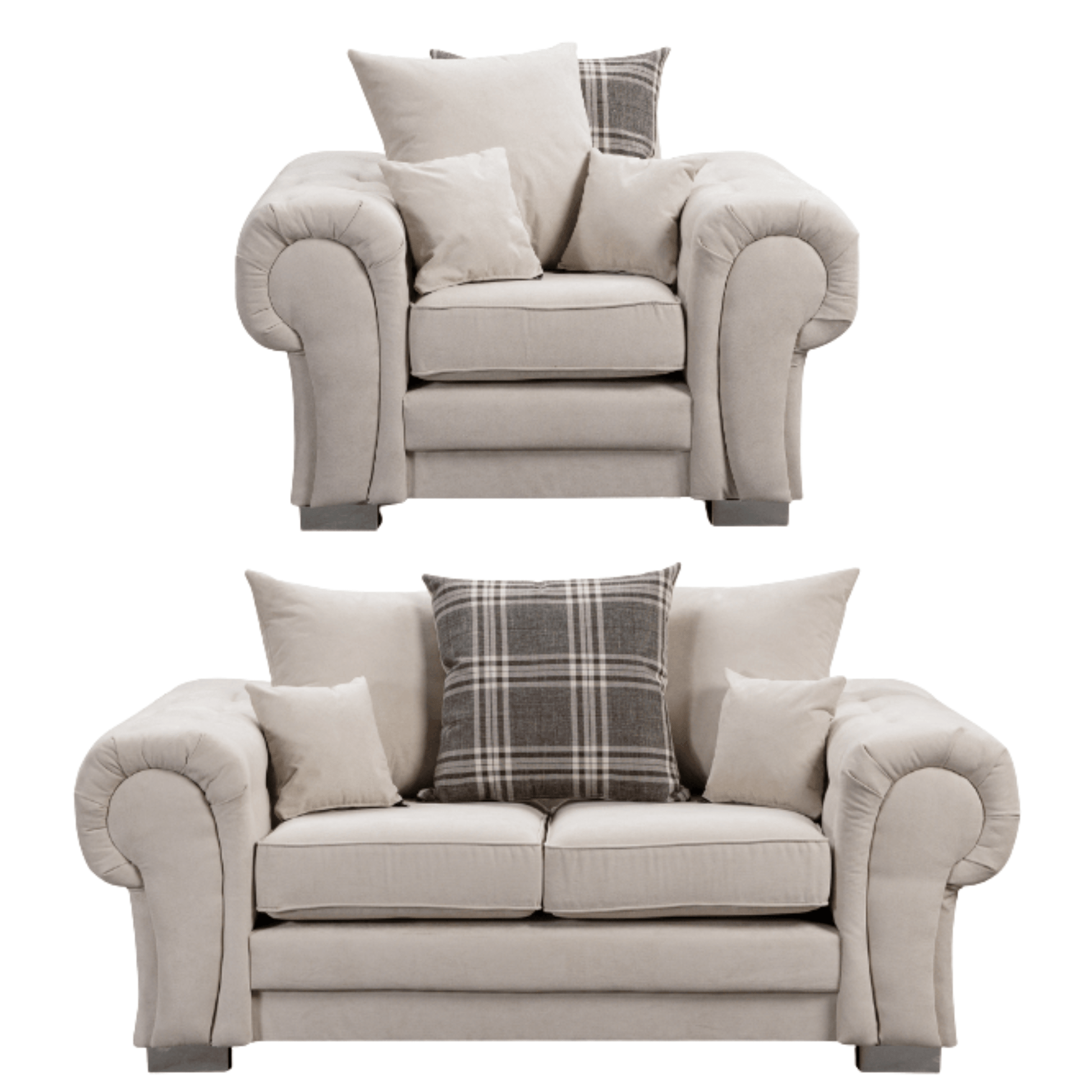 Verona scatter back grey 2+1 sofa set displayed front facing on a plain white background, showing full furniture set.