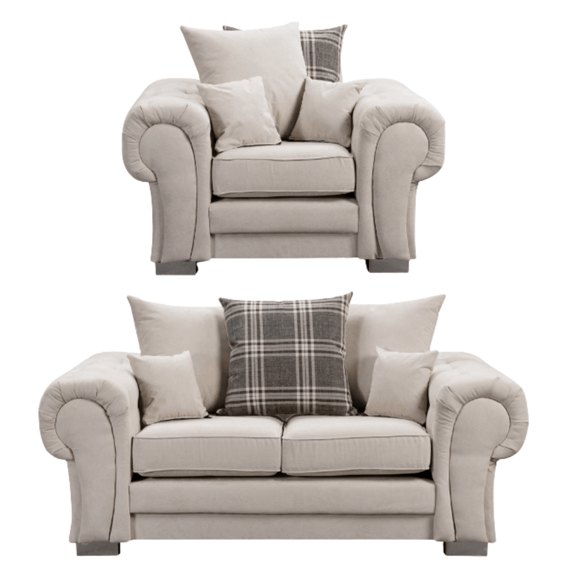 Verona scatter back grey 2+1 sofa set displayed front facing on a plain white background, showing full furniture set.