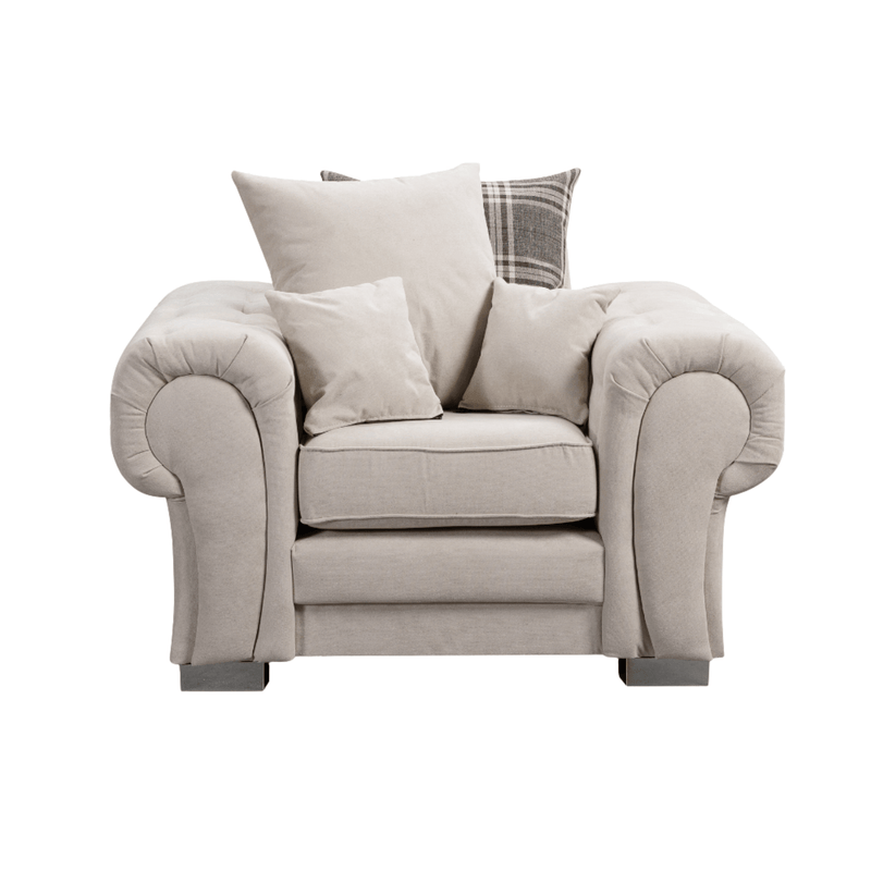 Verona scatter back grey armchair displayed front facing on a plain white background, showing full chair design.