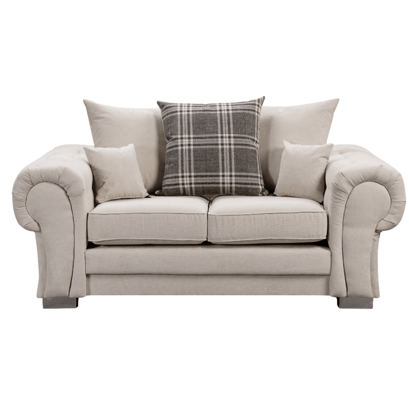 Verona scatter back grey 2 seater sofa displayed front facing on a plain white background, showing full sofa design.