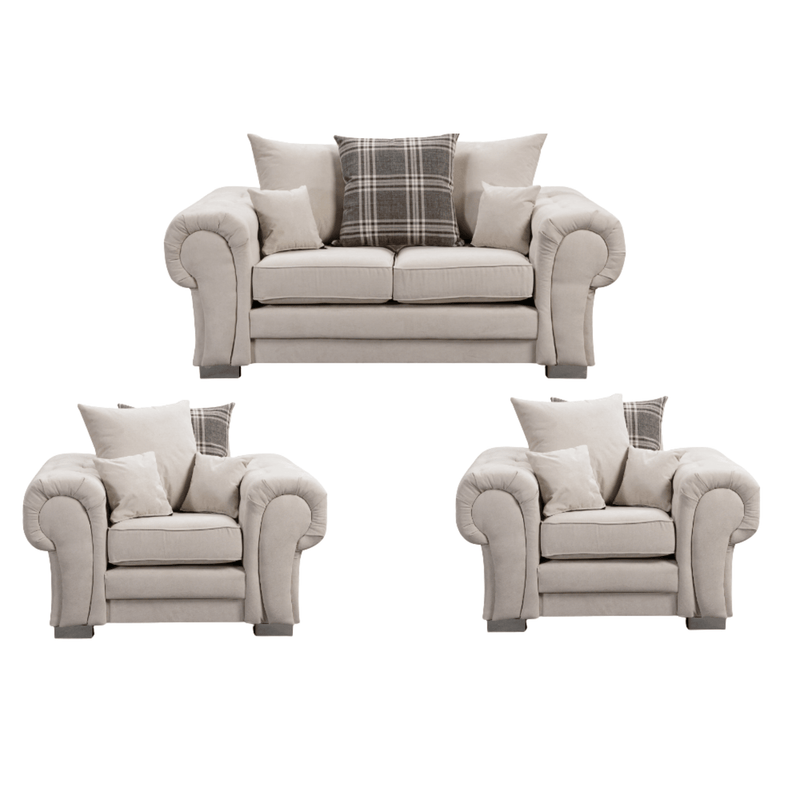 Verona scatter back grey 2+1+1 sofa set displayed front facing on a plain white background, showing full furniture set.