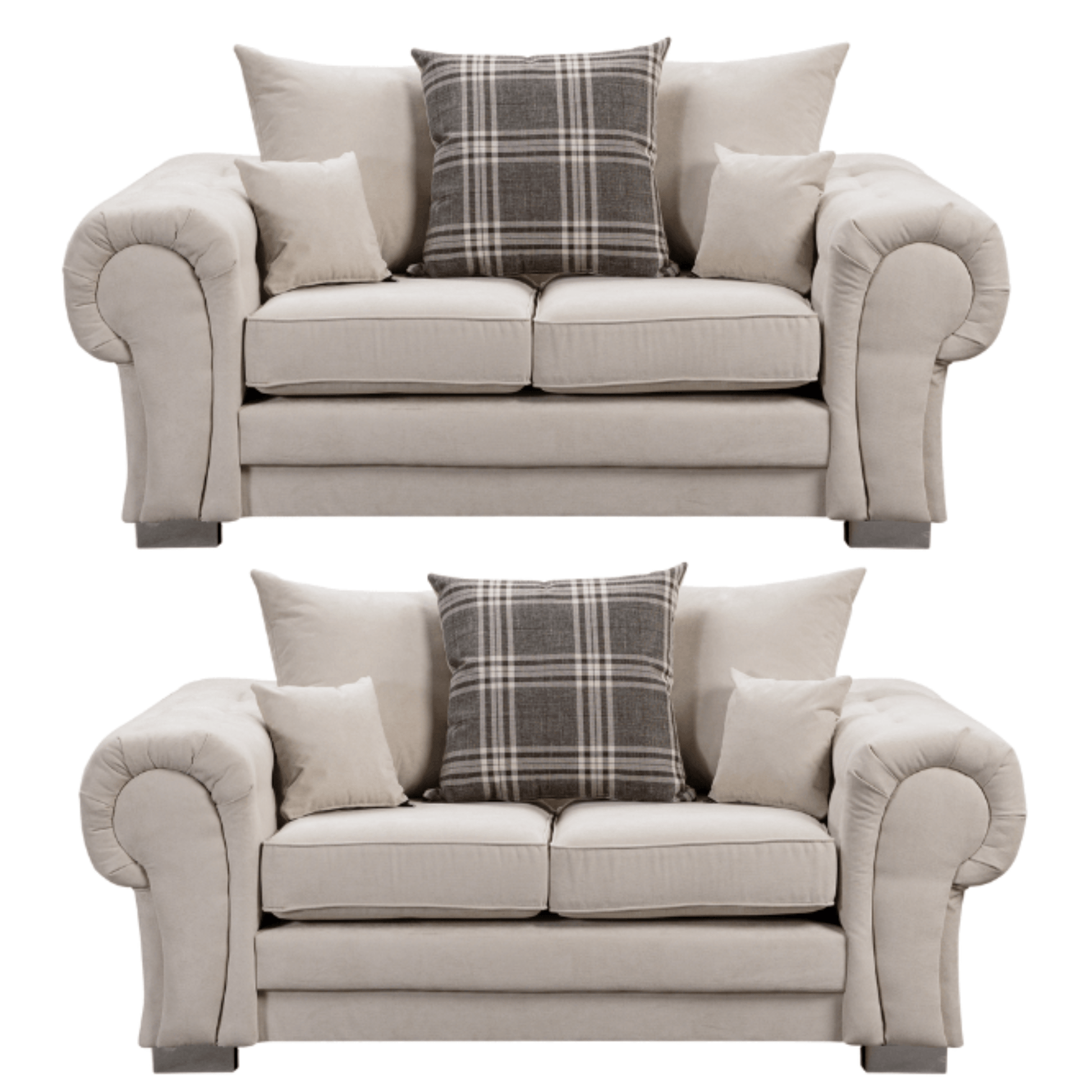 Verona scatter back grey 2+2 sofa set displayed front facing on a plain white background, showing full furniture set.
