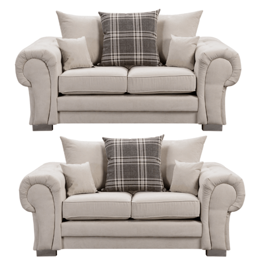 Verona scatter back grey 2+2 sofa set displayed front facing on a plain white background, showing full furniture set.