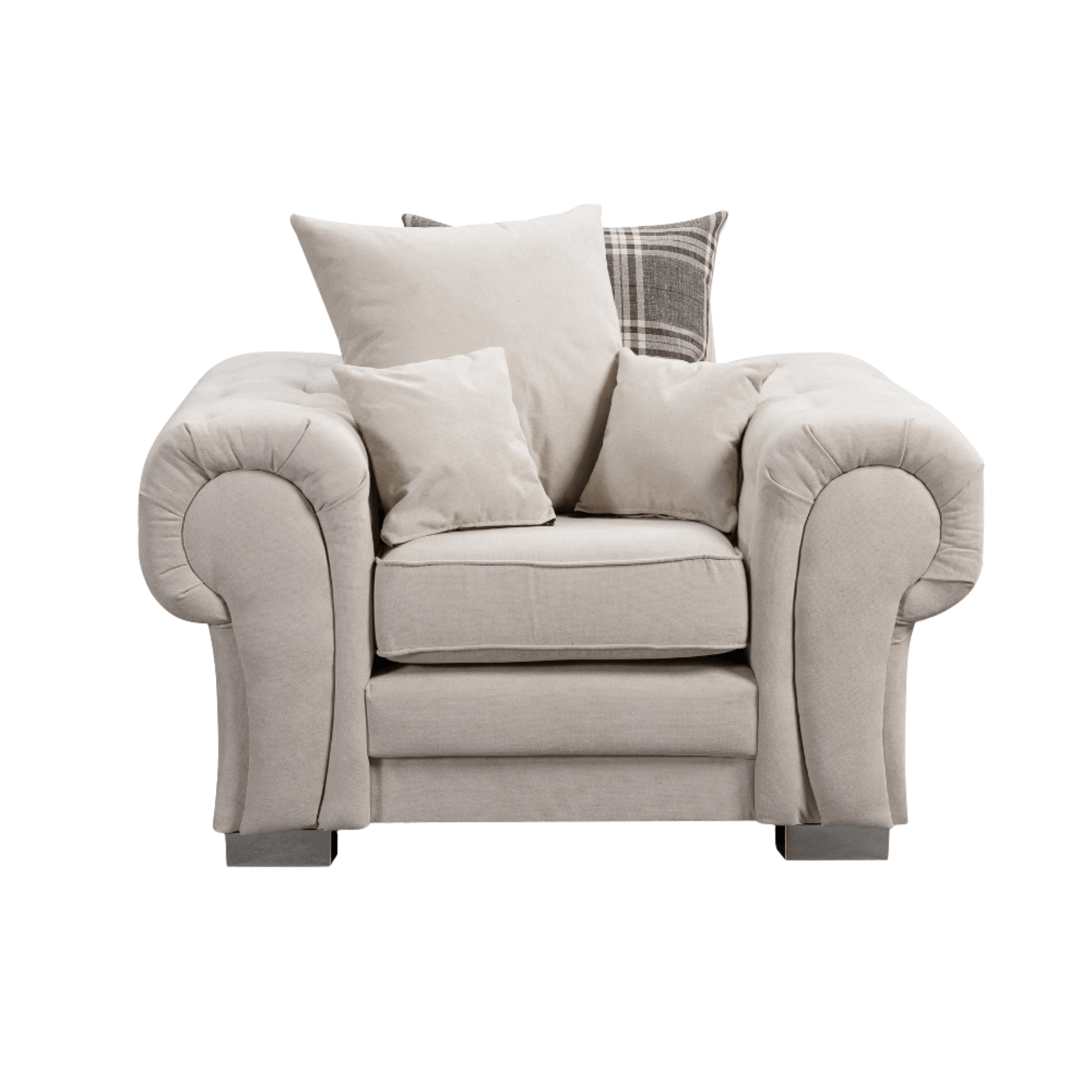 Verona scatter back grey armchair displayed front facing on a plain white background, showing full chair design.