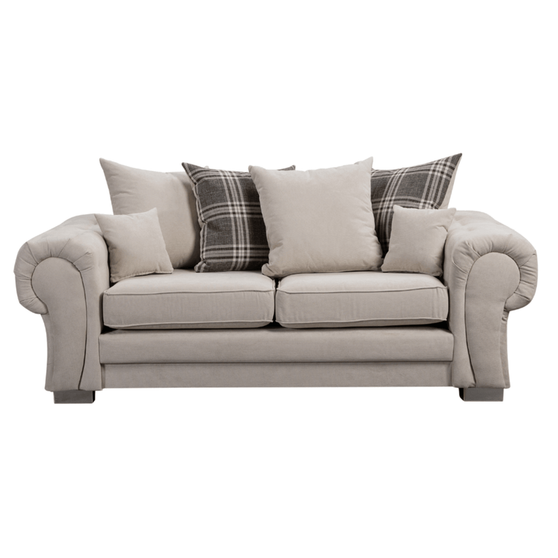 Verona scatter back grey 3 seater sofa displayed front facing on a plain white background, showing full sofa design.