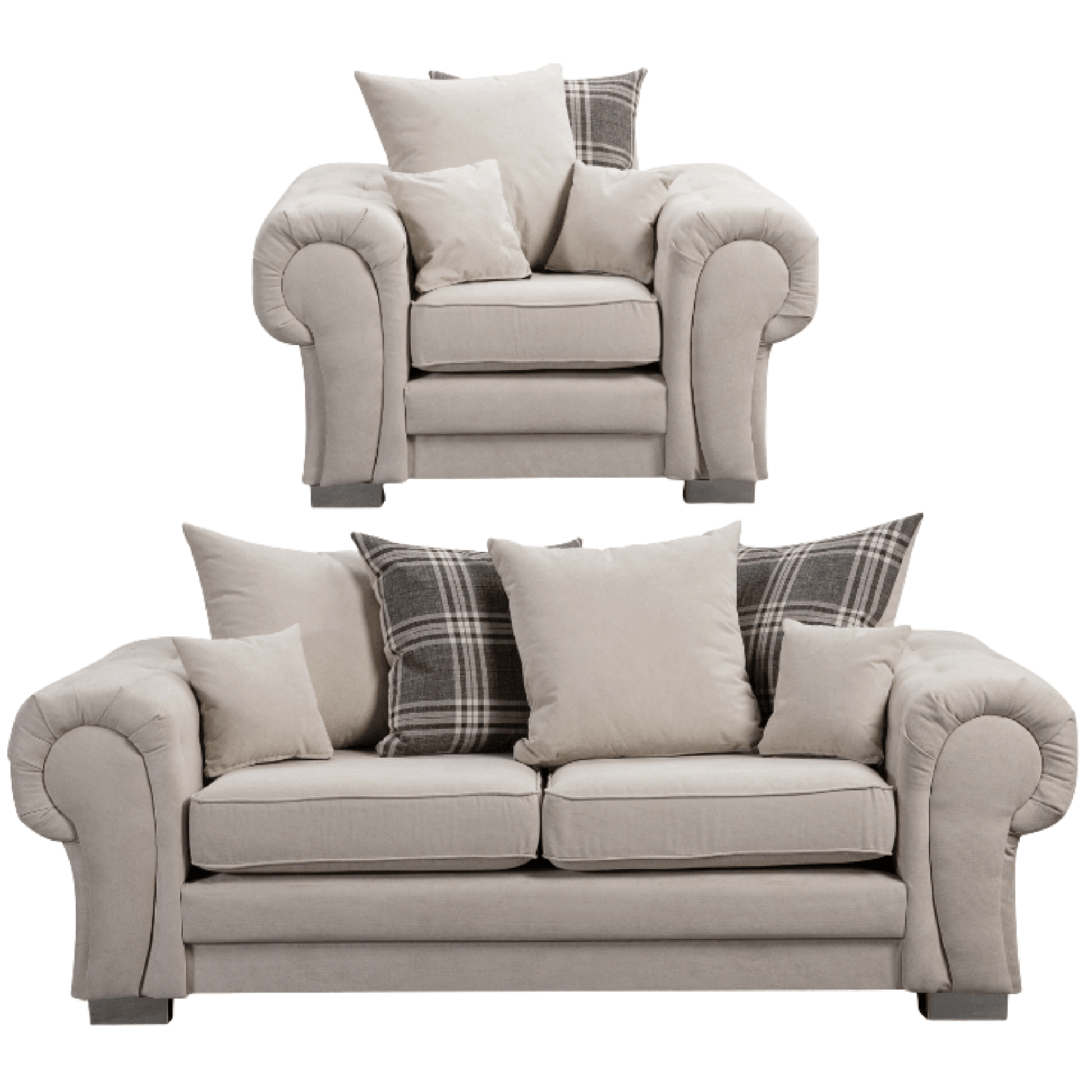 Verona scatter back grey 3+1 sofa set displayed front facing on a plain white background, showing full furniture set.