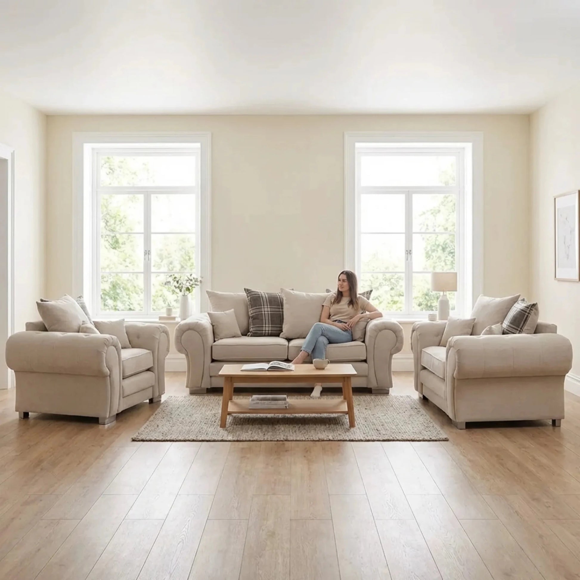 Verona Scatter Back Cream Fabric 3+1+1 Seater Sofa Set - Furniture Instore