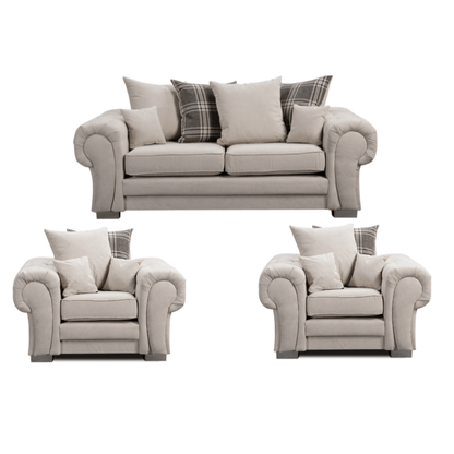 Verona scatter back grey 3+1+1 sofa set displayed front facing on a plain white background, showing full furniture set.