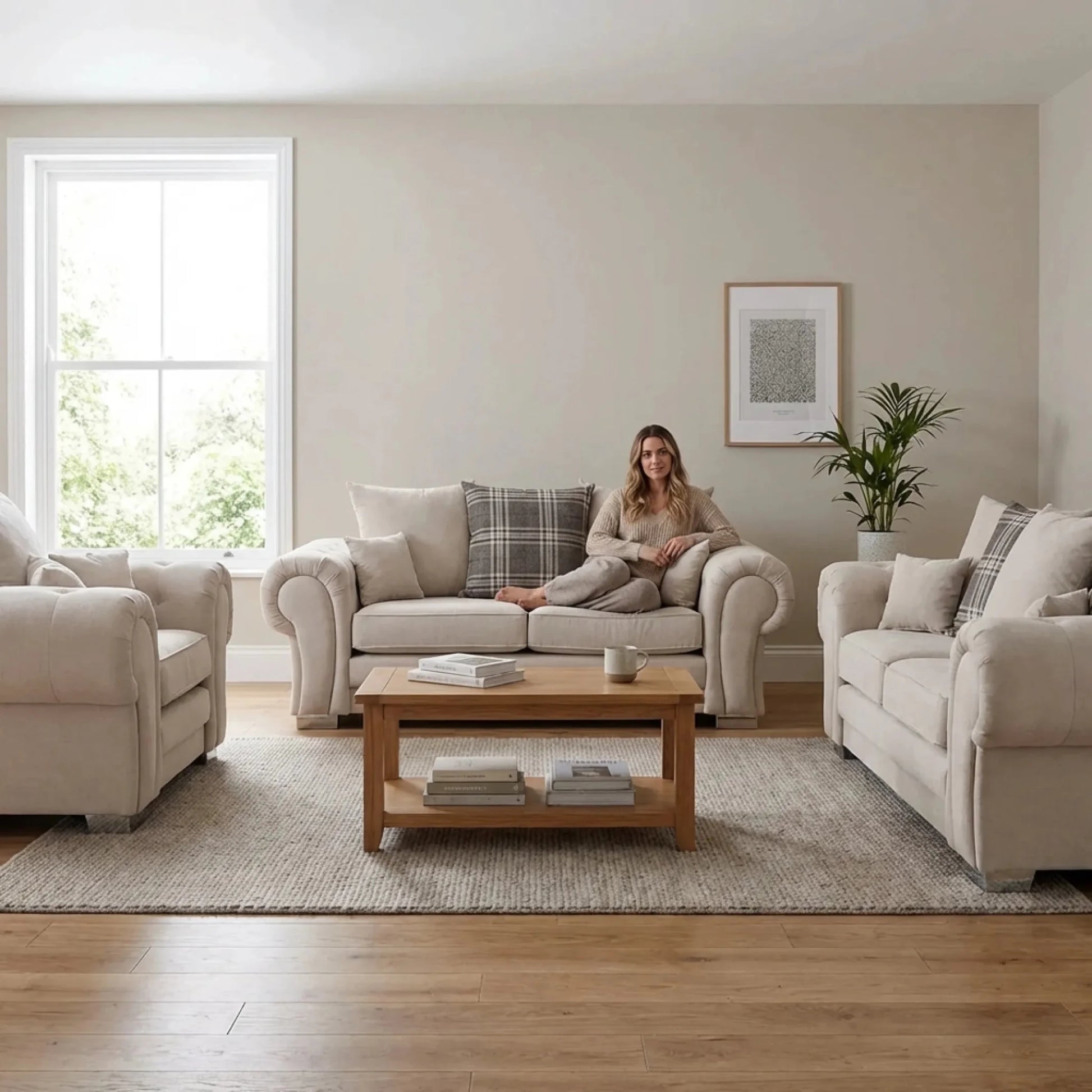 Verona Scatter Back Cream Fabric 3+2+1 Seater Sofa Set - Furniture Instore